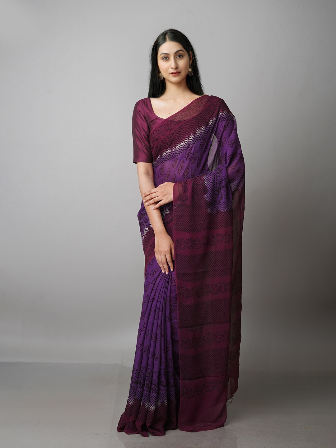

Unnati Silks Purple & Brown Floral Block Print Saree