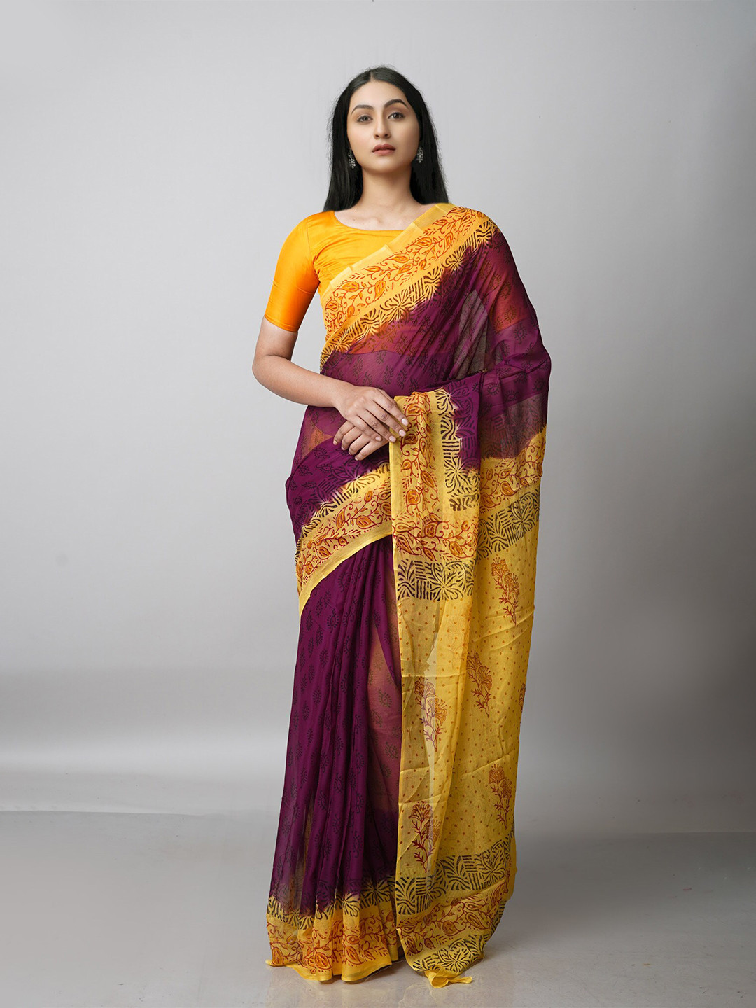 

Unnati Silks Purple & Yellow Floral Block Print Saree