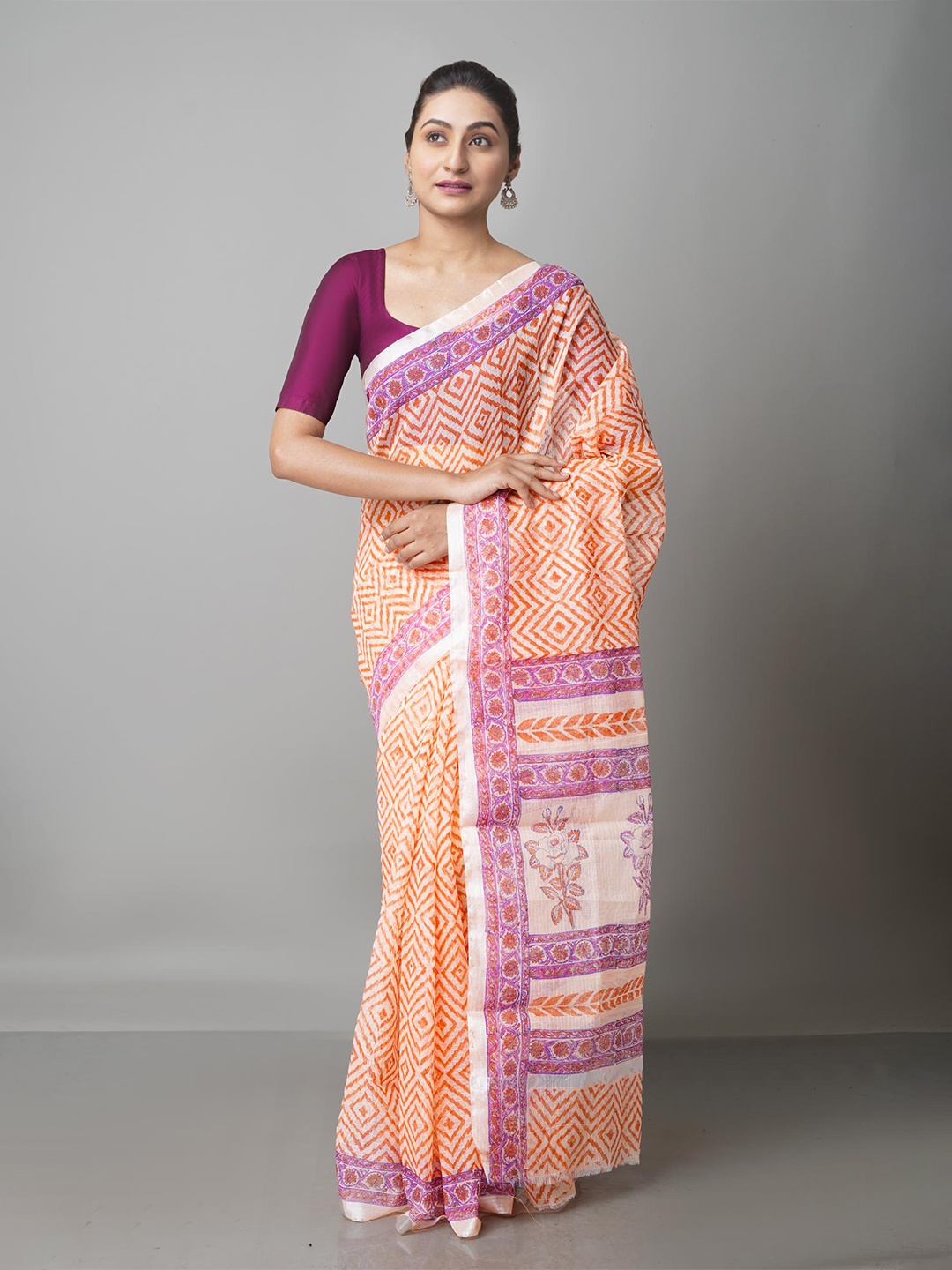 

Unnati Silks Orange & Purple Pure Cotton Kota Saree