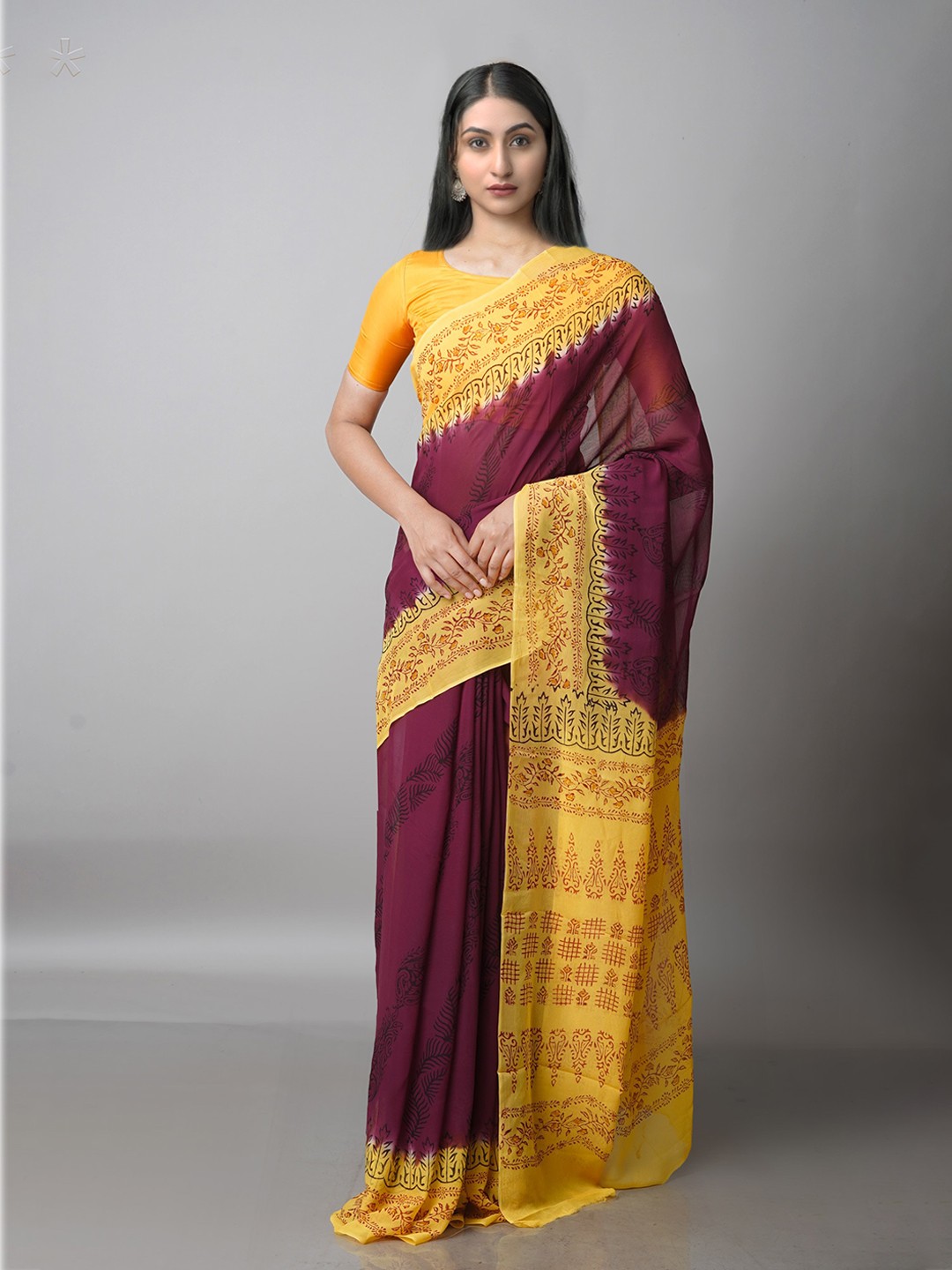 

Unnati Silks Purple & Yellow Ethnic Motifs Block Print Saree