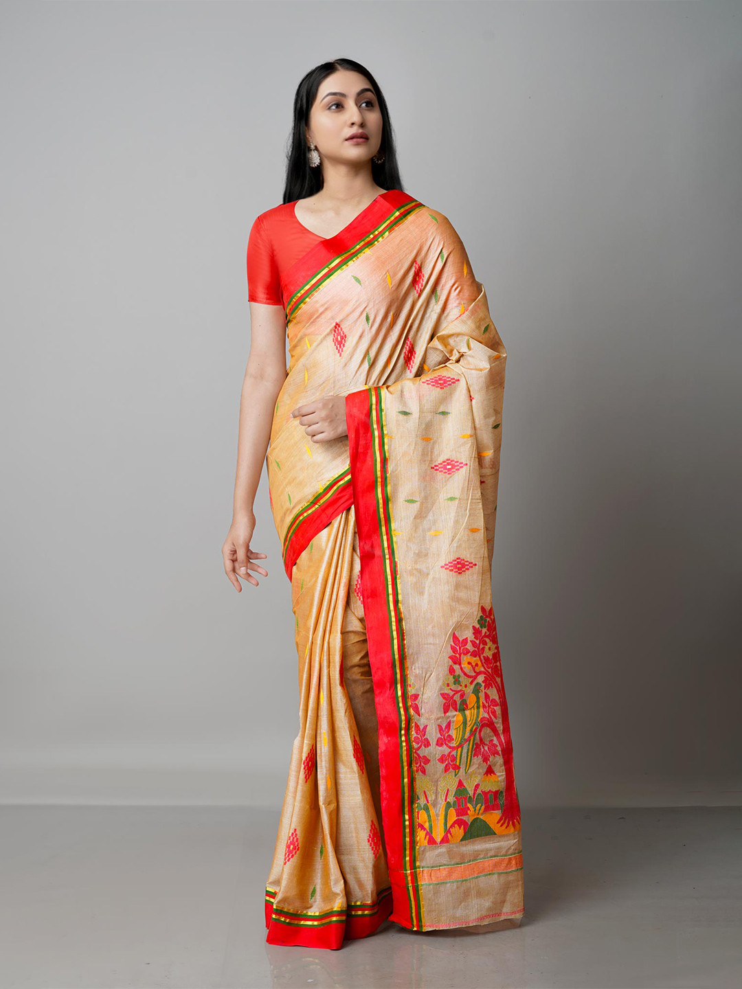 

Unnati Silks Tan & Red Woven Design Zari Pure Cotton Tussar Saree