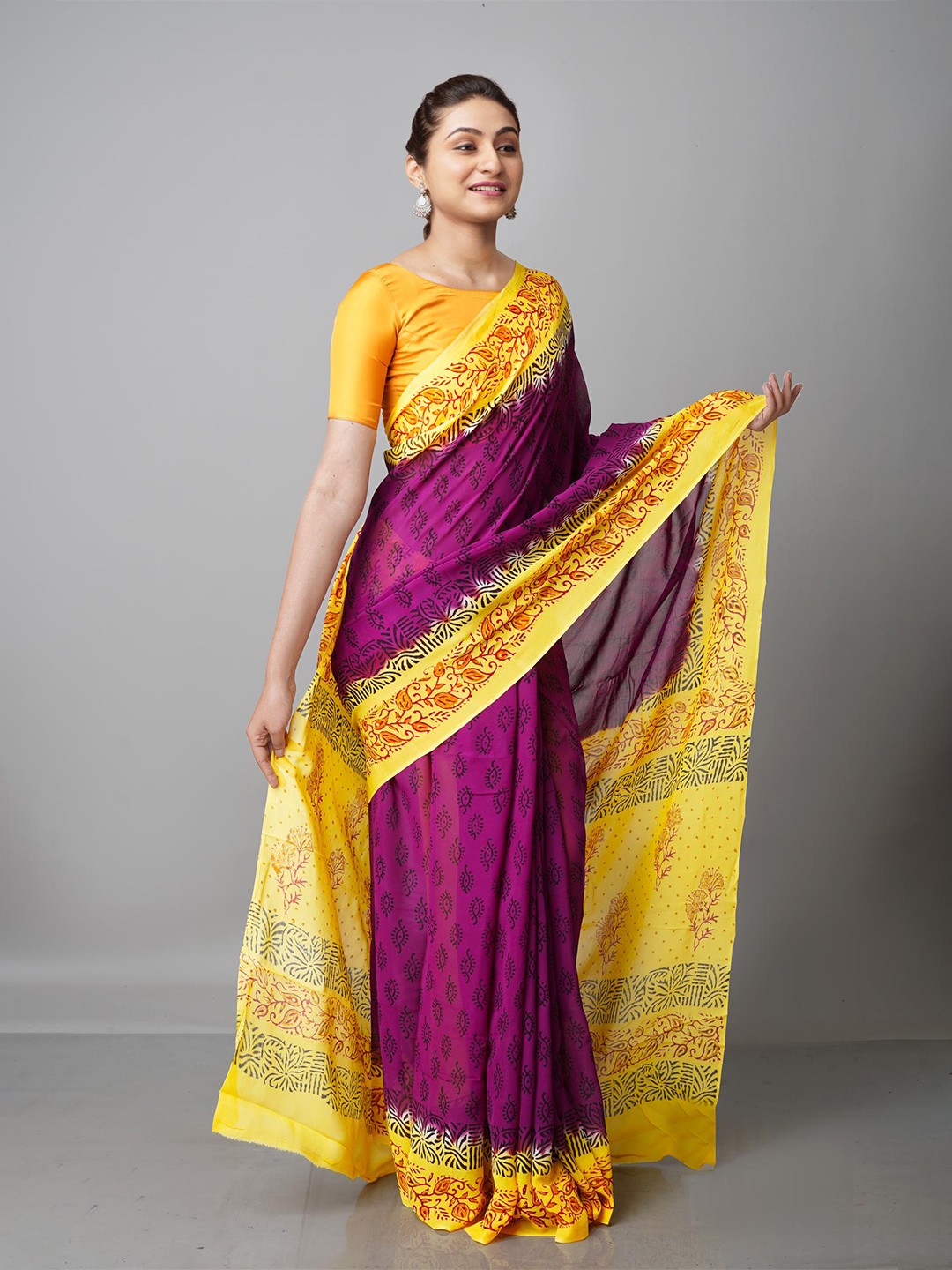 

Unnati Silks Purple & Yellow Floral Block Print Saree