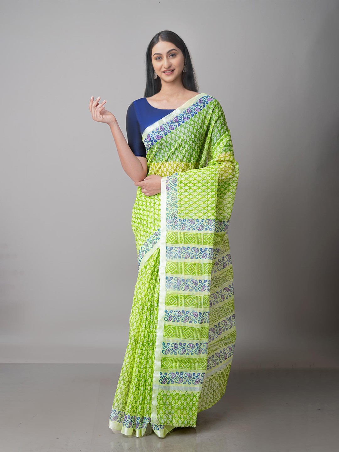 

Unnati Silks Green & White Ethnic Motifs Pure Cotton Kota Saree