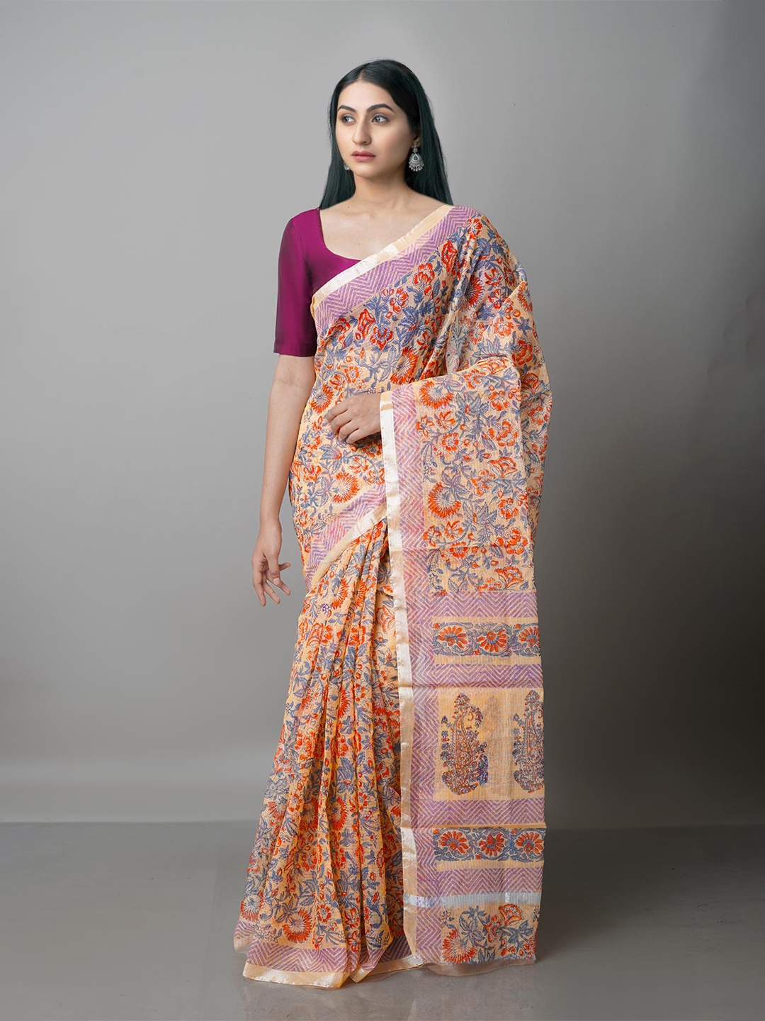 

Unnati Silks Orange & Purple Floral Pure Cotton Kota Saree