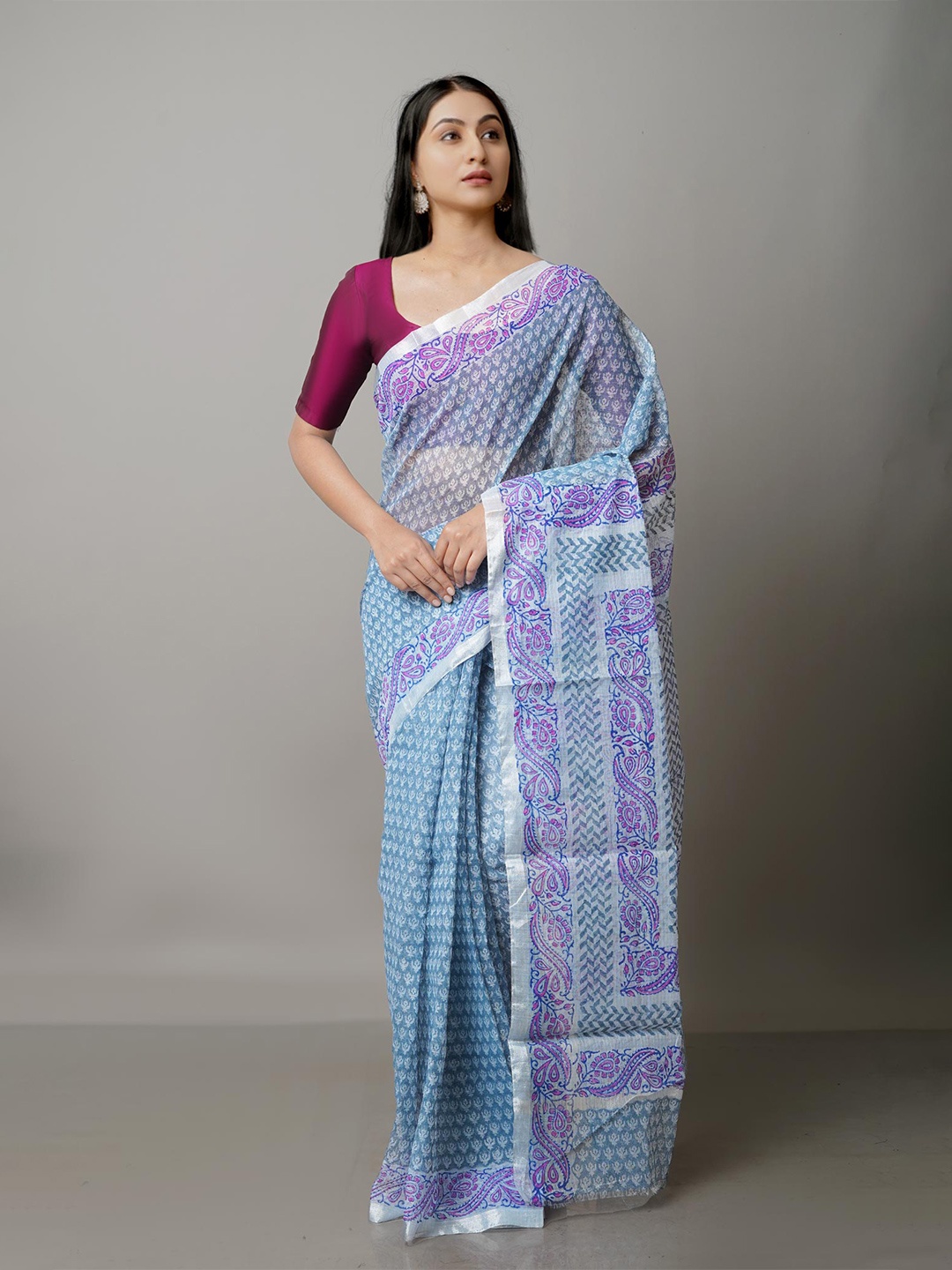 

Unnati Silks Blue & White Ethnic Motifs Pure Cotton Kota Saree