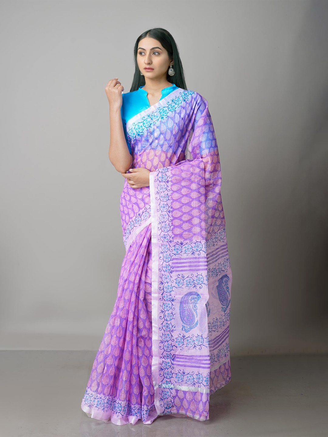 

Unnati Silks Pink & Purple Paisley Pure Cotton Kota Saree