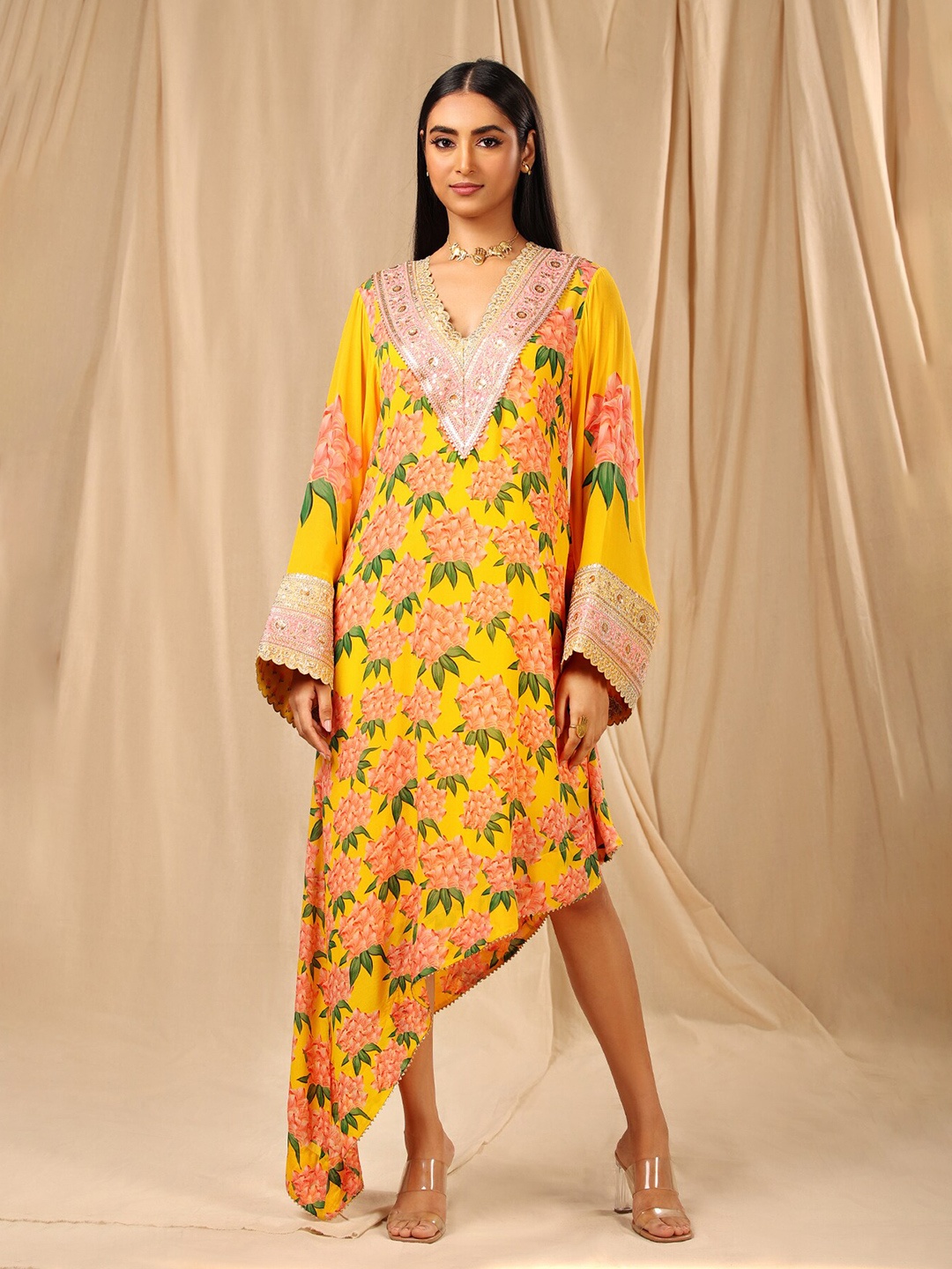 

Masaba Yellow Floral Crepe Ethnic Kaftan Maxi Dress