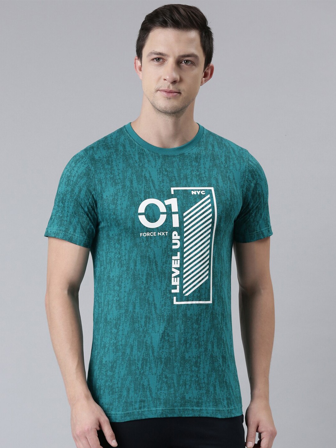 

Force NXT Men Printed Round Neck Super Combed Cotton T-Shirt, Teal