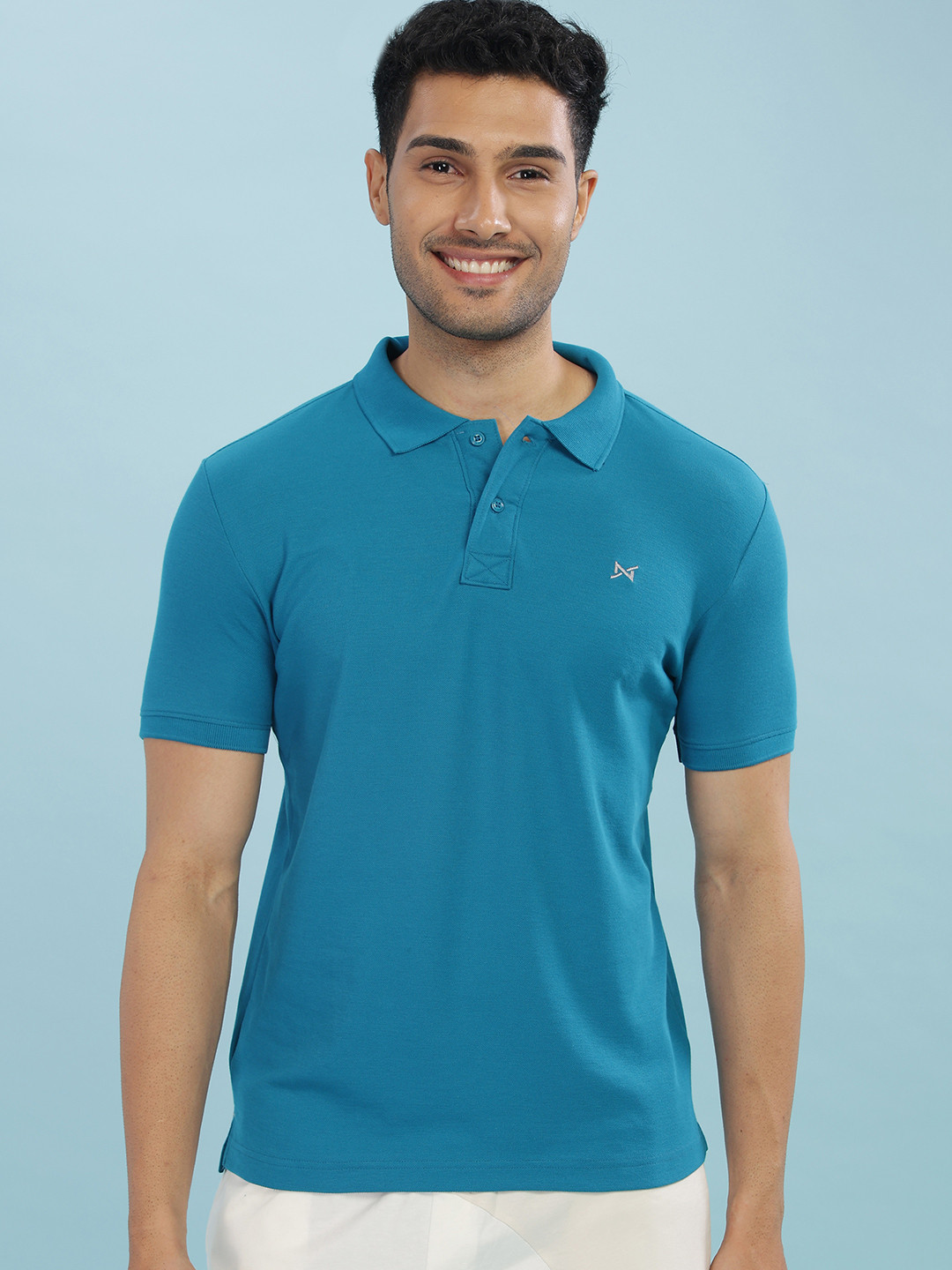 

Force NXT Men Turquoise Blue Polo Collar Super Combed Cotton T-shirt