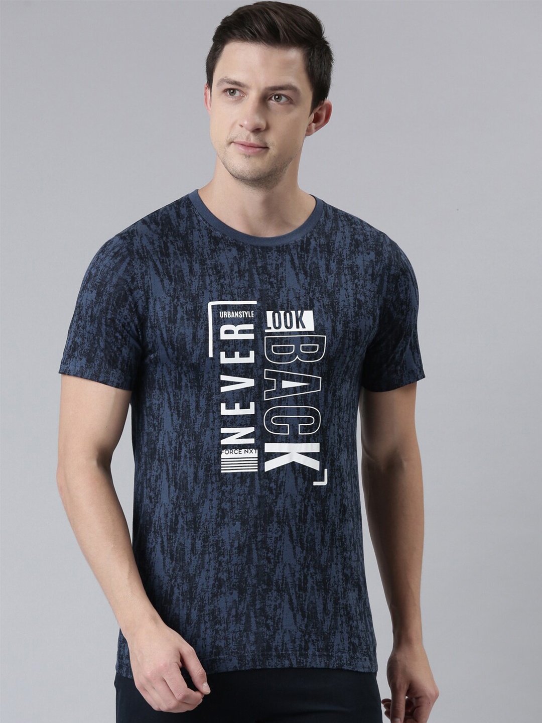 

Force NXT Men Printed Round Neck Super Combed Cotton T-shirt, Navy blue