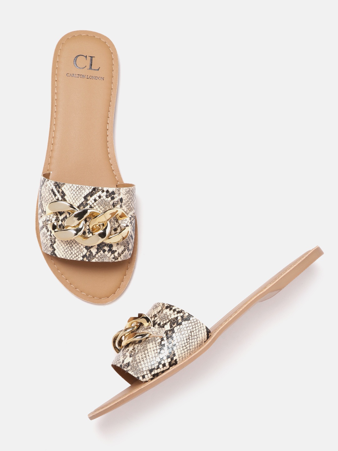 

Carlton London Women Snakeskin Print Open Toe Flats with Chain Detail, Beige