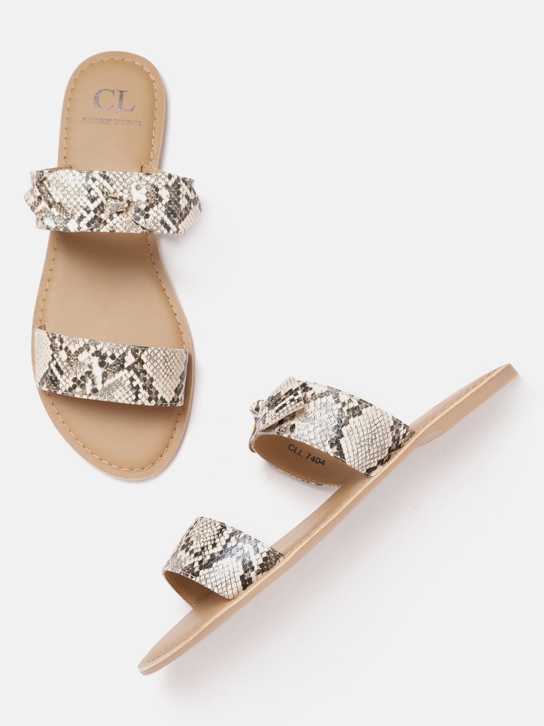 

Carlton London Women Snakeskin Printed Open Toe Flats with Bow Detail, Beige