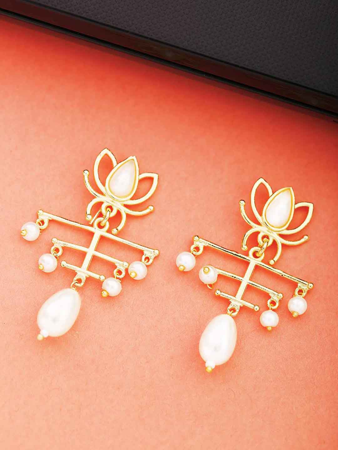 

Voylla Gold Plated & White Contemporary Drop Earrings