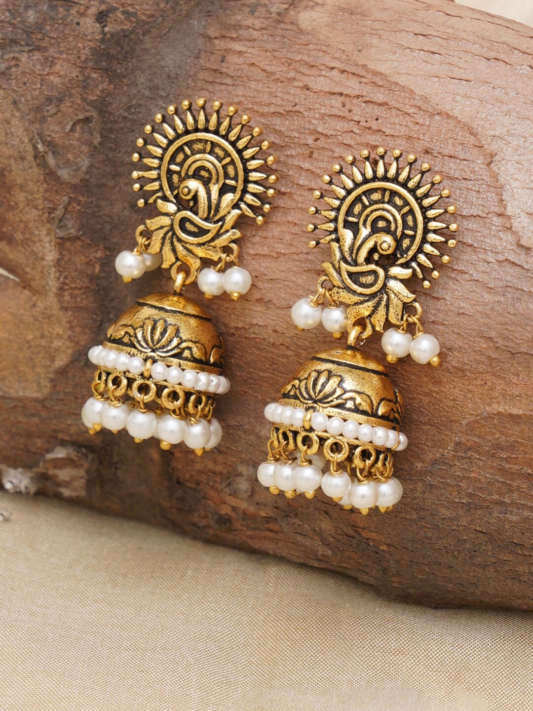 

Voylla Gold Plated & White Contemporary Jhumkas Earrings