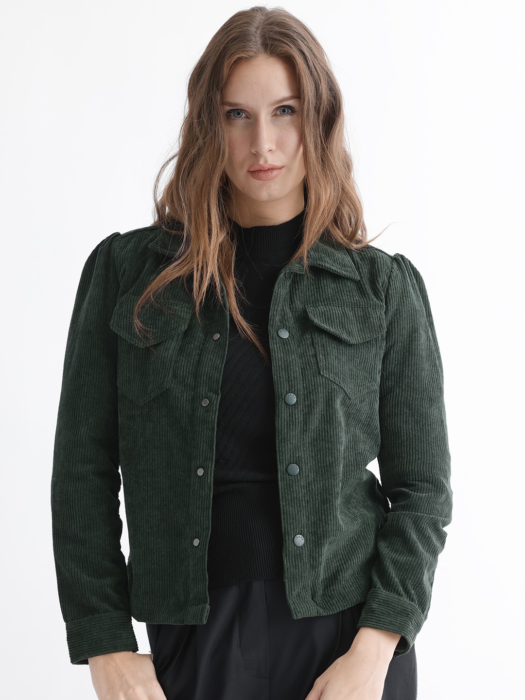 

RAREISM Women Green Striped Crop Denim Jacket