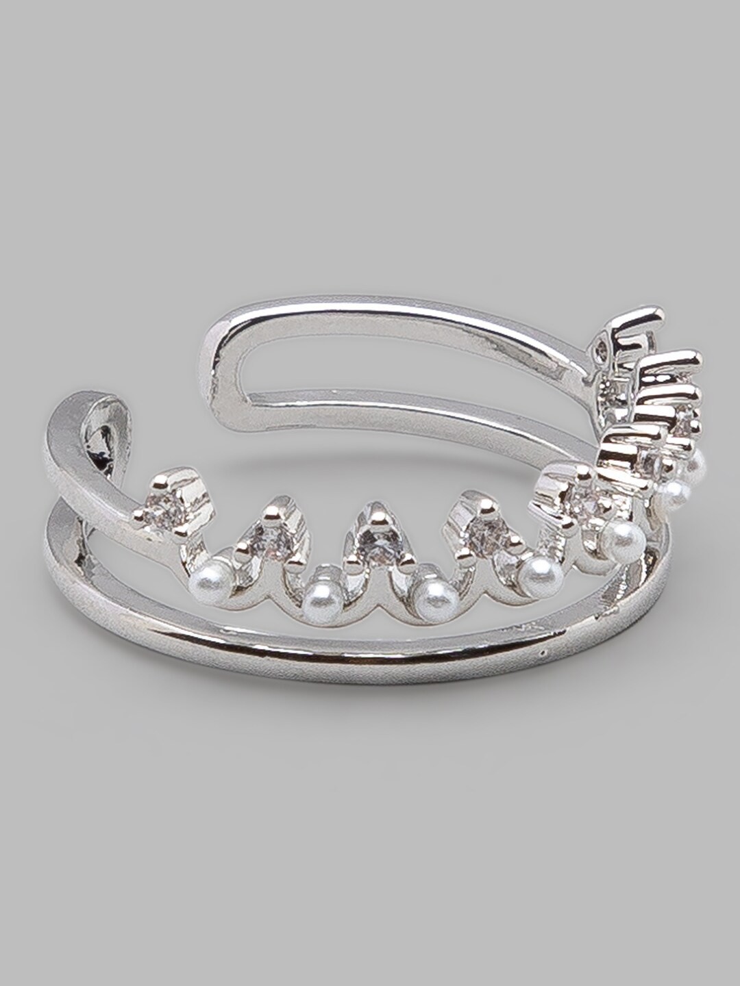 

Globus Silver-Plated White Stone-Studded & Beaded Adjustable Finger Ring