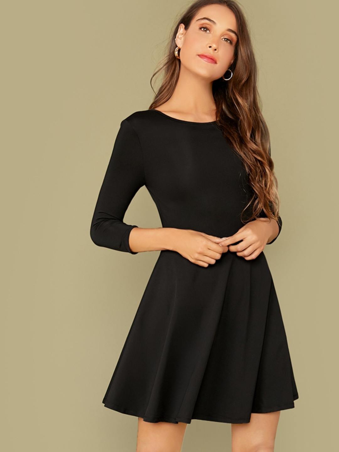 

Uptownie Lite Women Stretchable Half Sleeves Fit & Flare Dress, Black