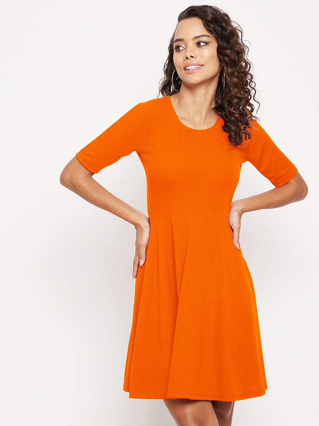

Uptownie Lite Women Stretchable Fit & Flare Skater Dress, Orange