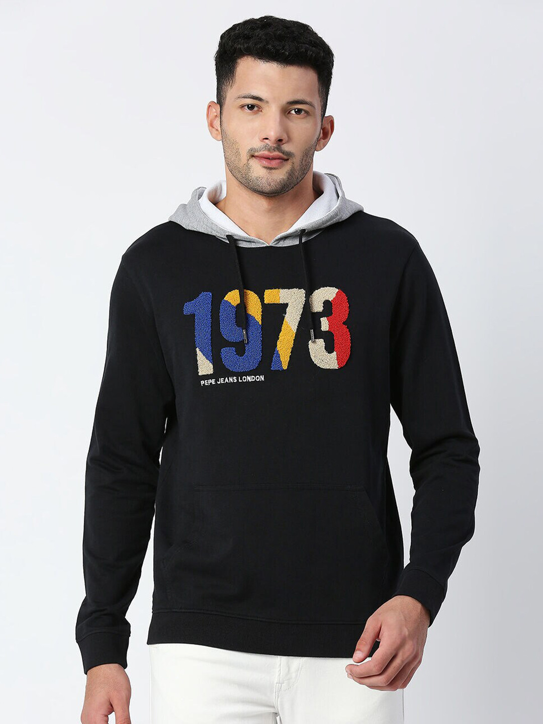 

Pepe Jeans Men Black Embroidered Cotton Hooded Sweatshirt