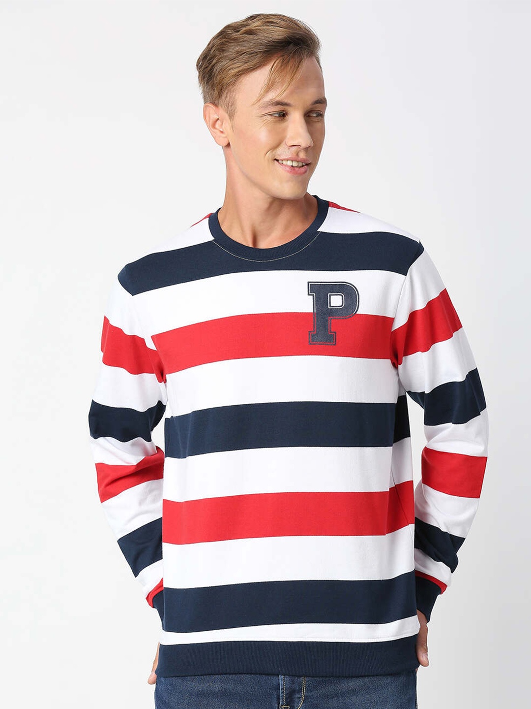 

Pepe Jeans Men White & Blue Striped Pure Cotton Sweatshirt