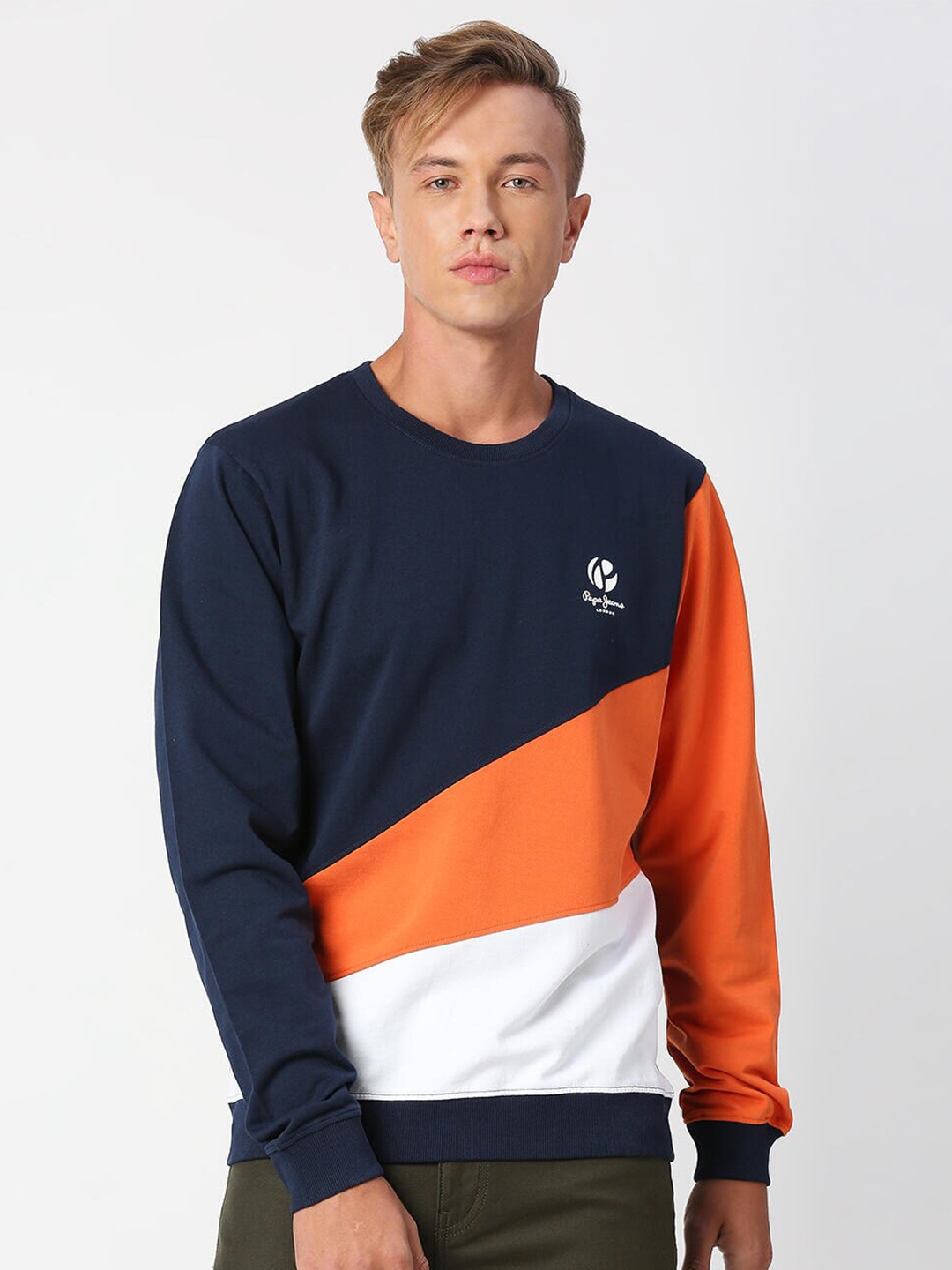 

Pepe Jeans Men Blue & Orange Colourblocked Cotton Sweatshirt