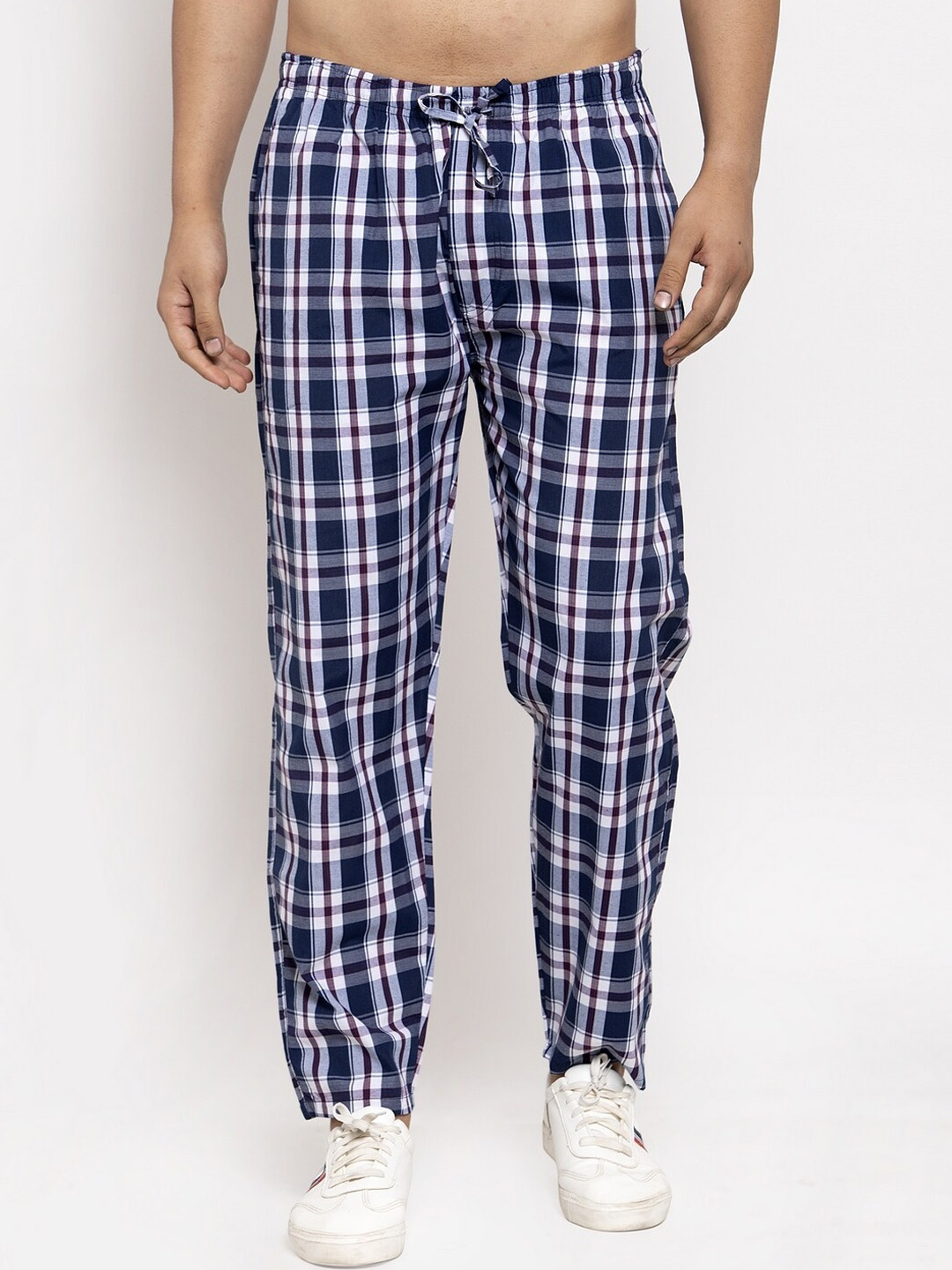 

JAINISH Men Navy Blue & White Checked Pure Cotton Track Pants