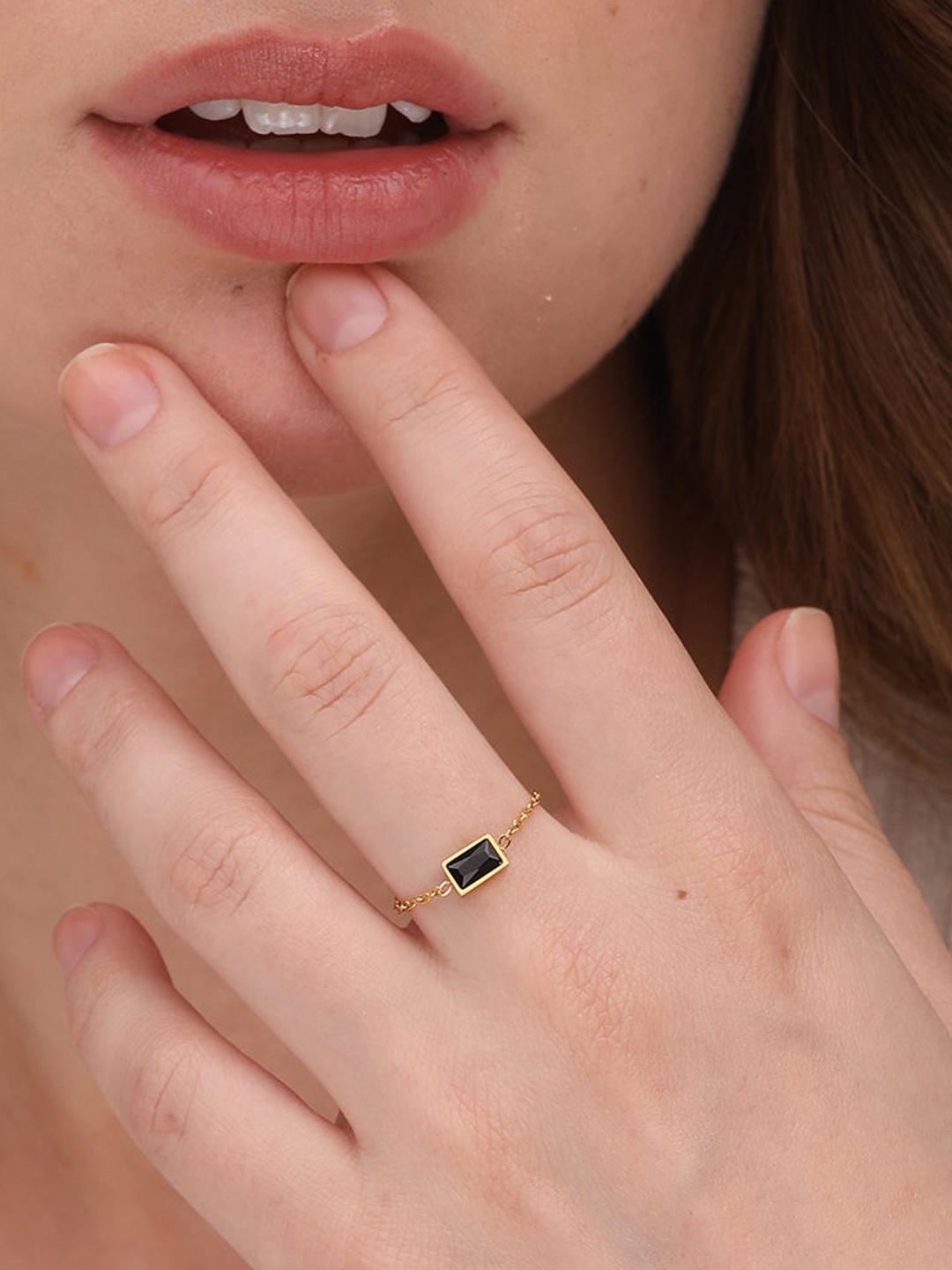 PALMONAS Women 18k Gold-Plated Black Stone-Studded Chain Finger Ring