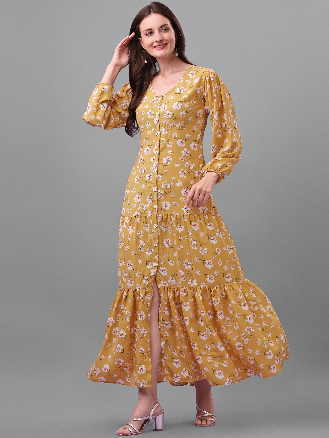 

ASPORA Mustard Yellow Floral Crepe Maxi Maxi Dress