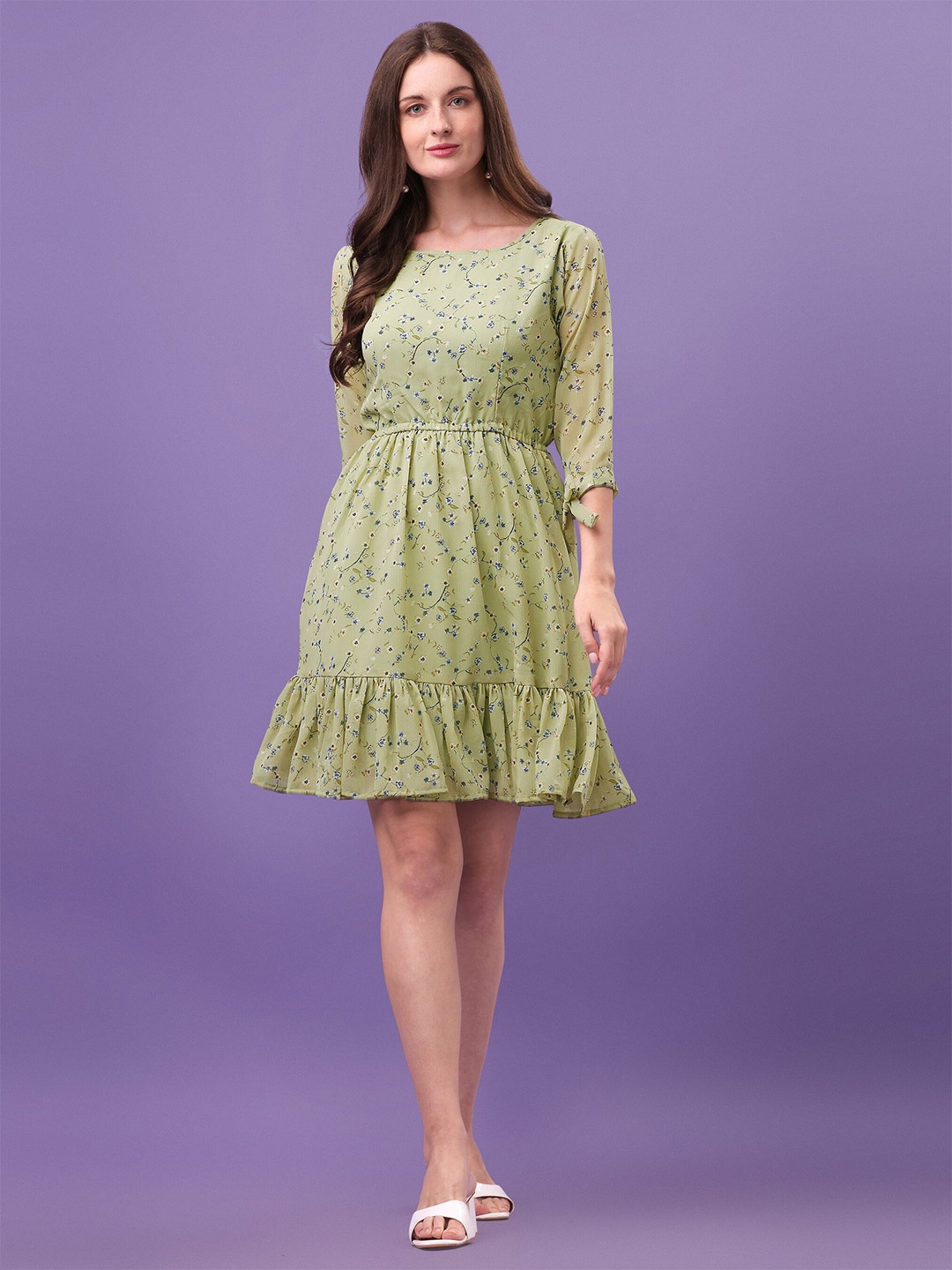 

ASPORA Women Olive Green & Blue Floral Chiffon Dress