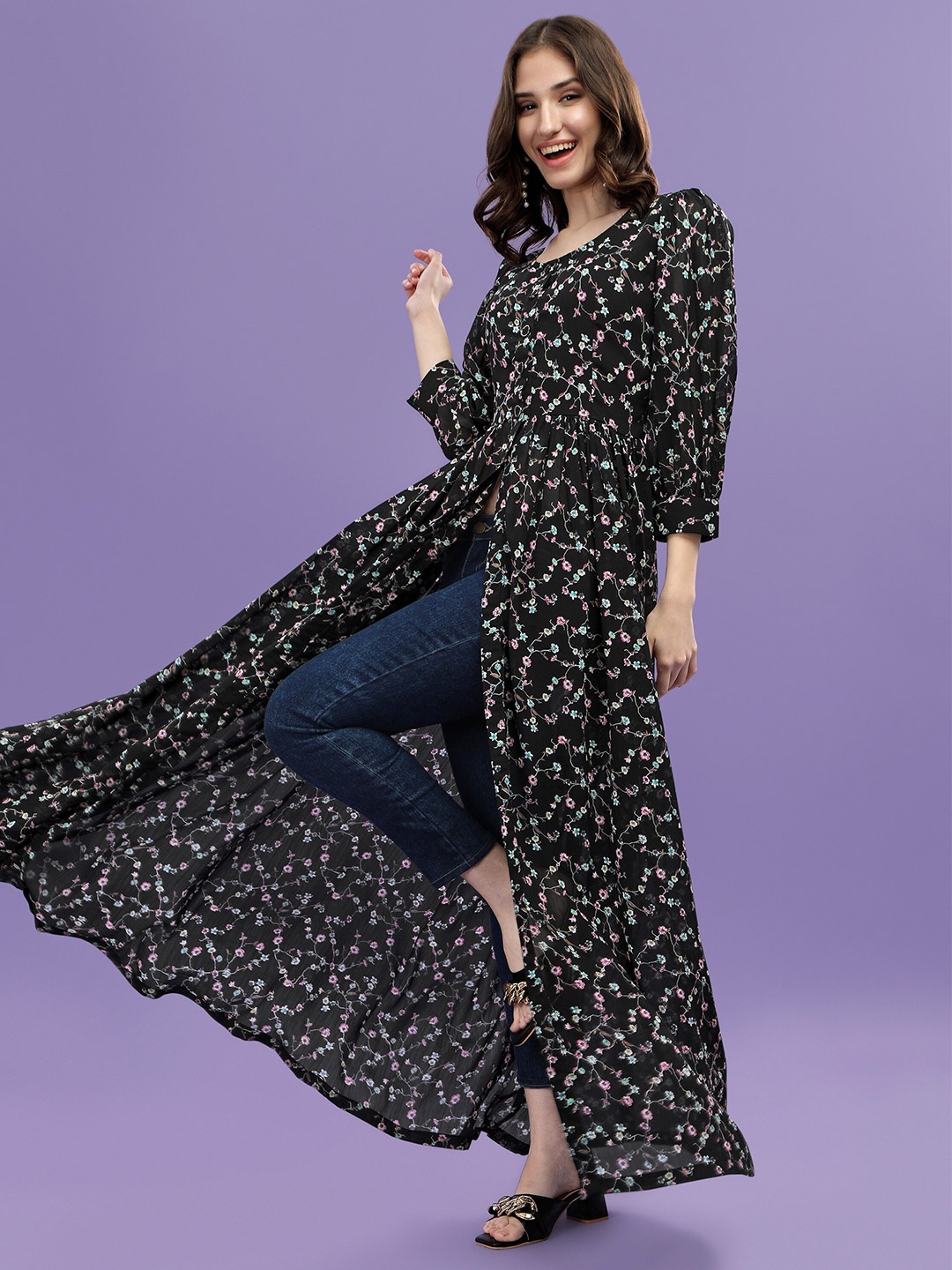 

ASPORA Women Black & Pink Floral Chiffon Maxi Dress
