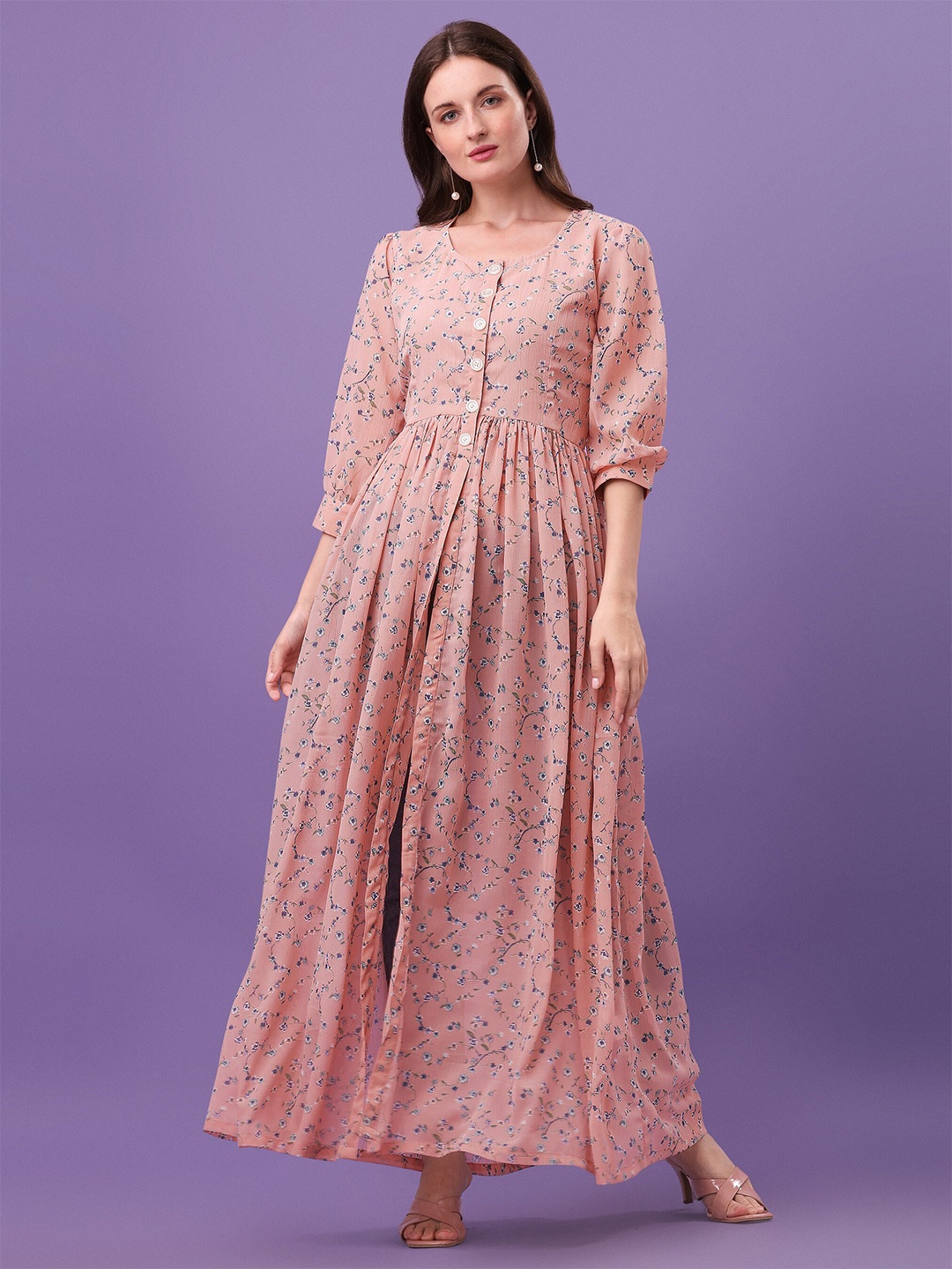 

ASPORA Peach-Coloured Floral Chiffon Maxi Maxi Dress