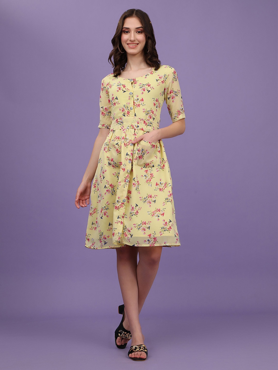 

ASPORA Women Yellow Floral Printed Fit & Flare Dress