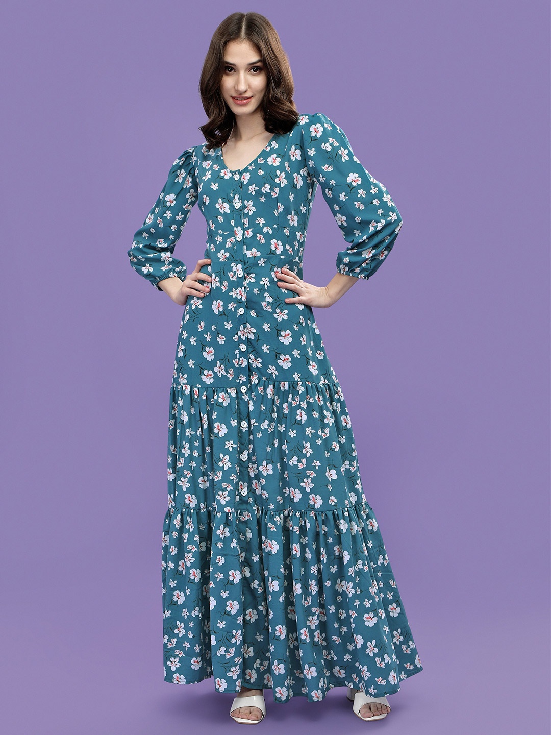 

ASPORA Teal & Pink Floral Crepe Maxi Maxi Dress
