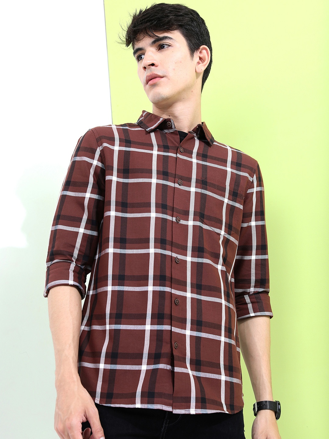 

HIGHLANDER Men Brown Slim Fit Tartan Checked Casual Shirt