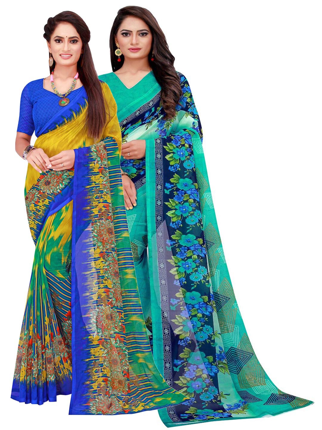 

Silk Bazar Turquoise Blue & Green Pack Of 2 Pure Georgette Saree