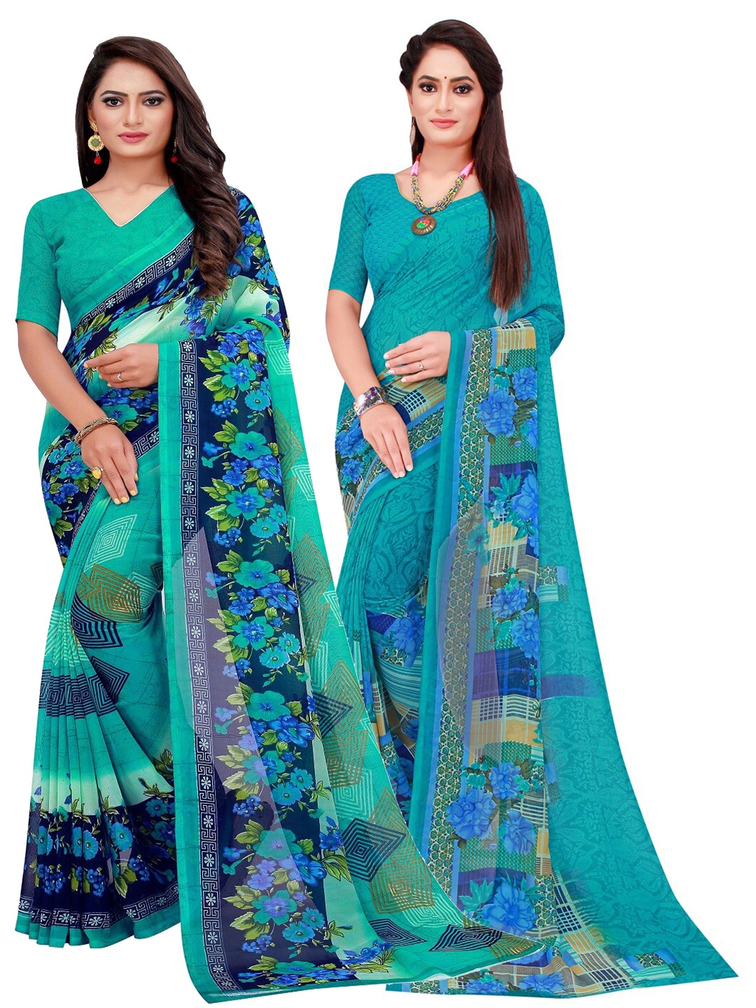 

Silk Bazar Turquoise Blue & Green Pack Of 2 Floral Pure Georgette Saree