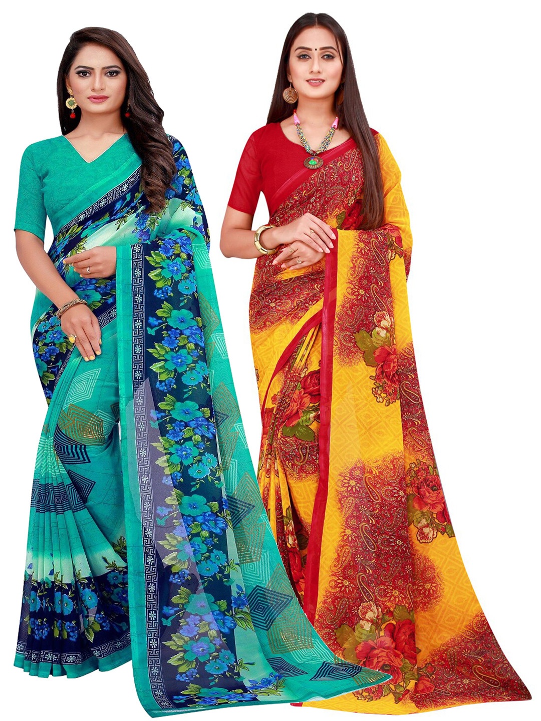 

Silk Bazar Turquoise Blue & Maroon Pack Of 2 Floral Pure Georgette Saree