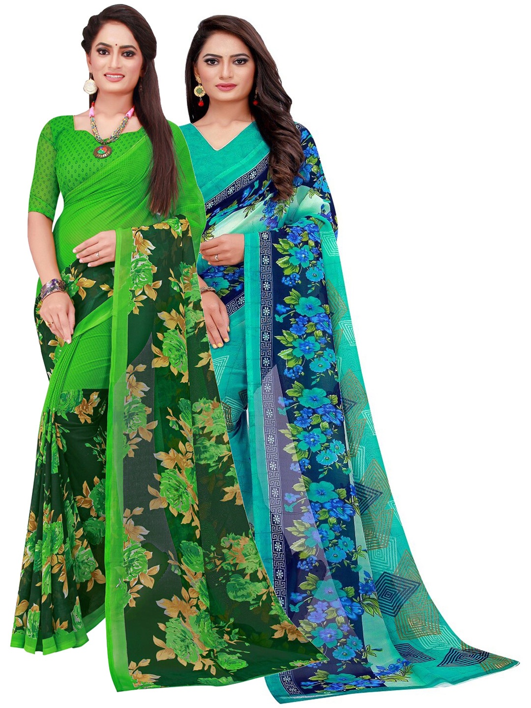 

Silk Bazar Pack of 2 Turquoise Blue & Green Pure Georgette Saree