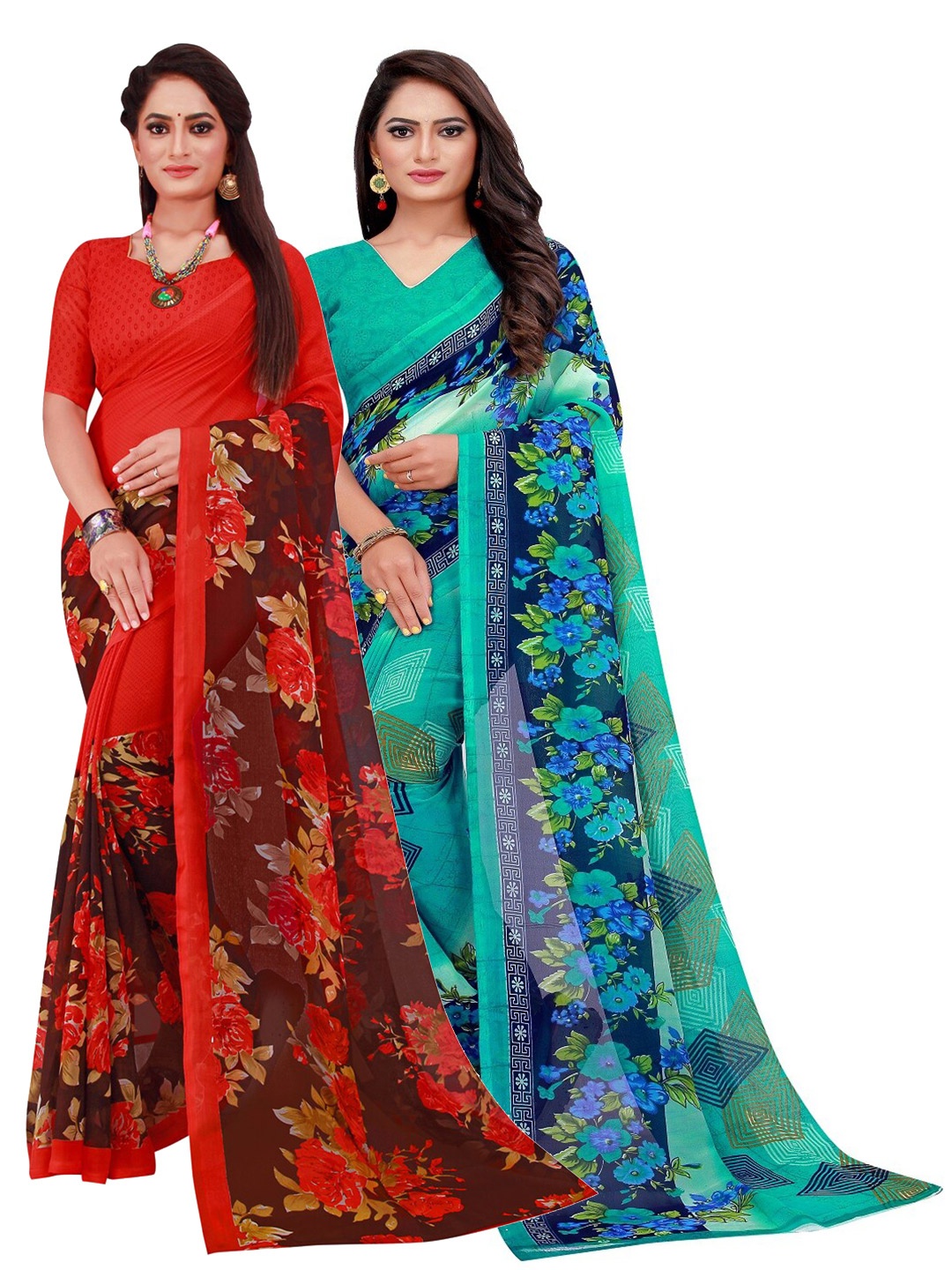 Silk Bazar Pack of 2 Turquoise Blue & Red Floral Pure Georgette Saree