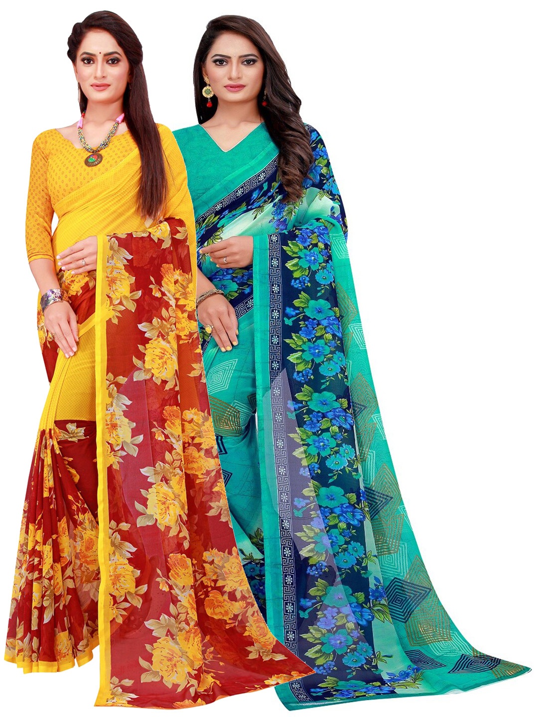 Silk Bazar Pack of 2 Turquoise Blue & Yellow Floral Pure Georgette Saree