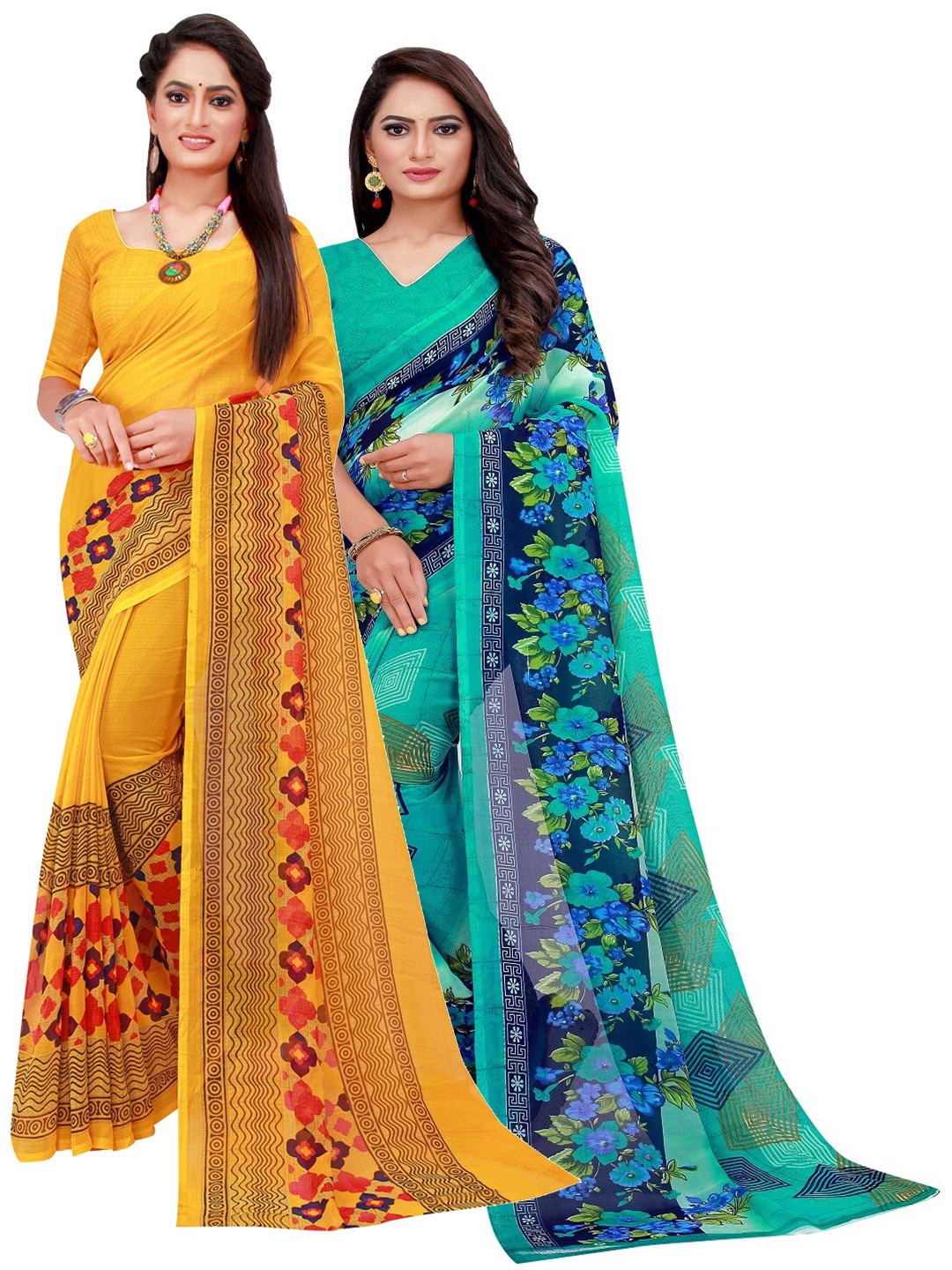 

Silk Bazar Pack of 2 Turquoise Blue & Yellow Pure Georgette Saree