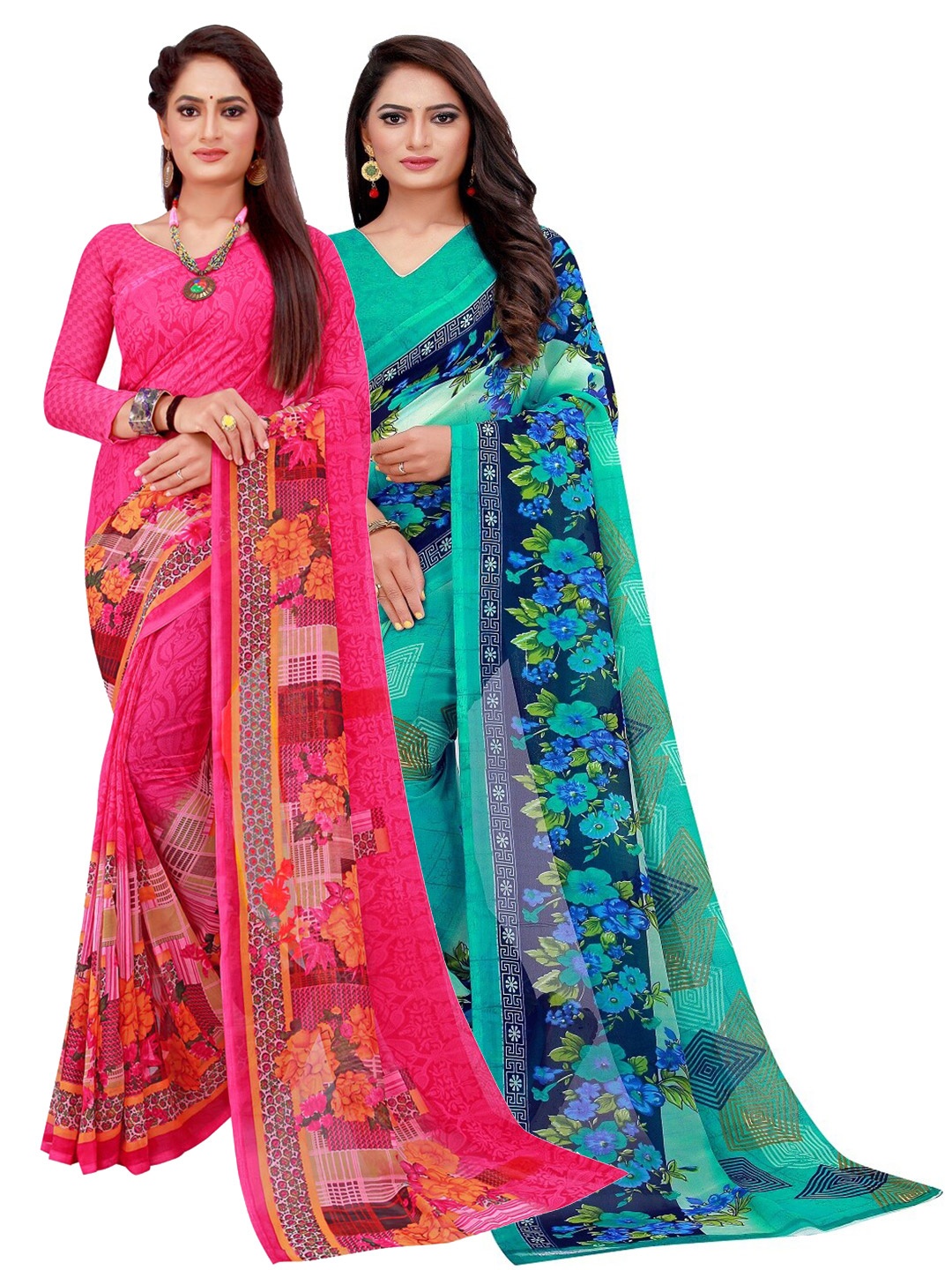

Silk Bazar Pack of 2 Magenta & Turquoise Blue Floral Pure Georgette Saree