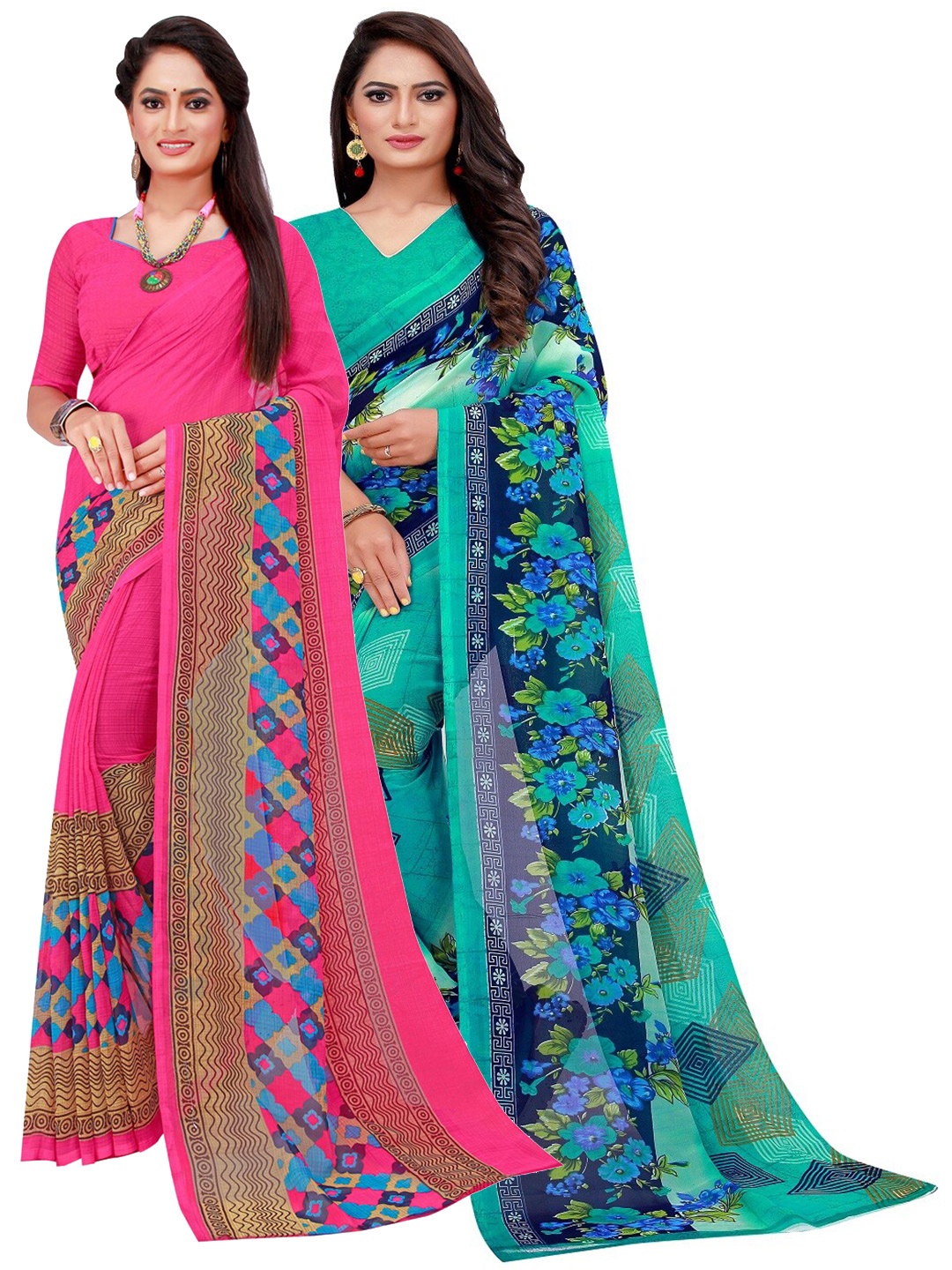 

Silk Bazar Pack of 2 Magenta & Turquoise Blue Floral Pure Georgette Saree