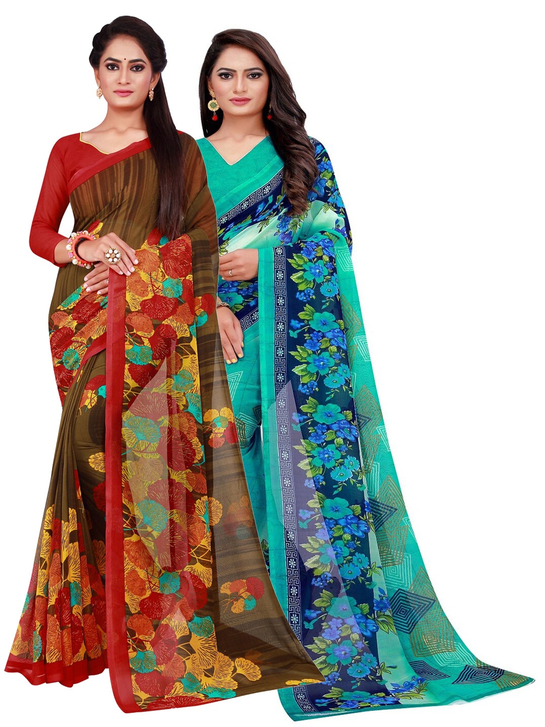 

Silk Bazar Pack of 2 Turquoise Blue & Brown Floral Pure Georgette Saree