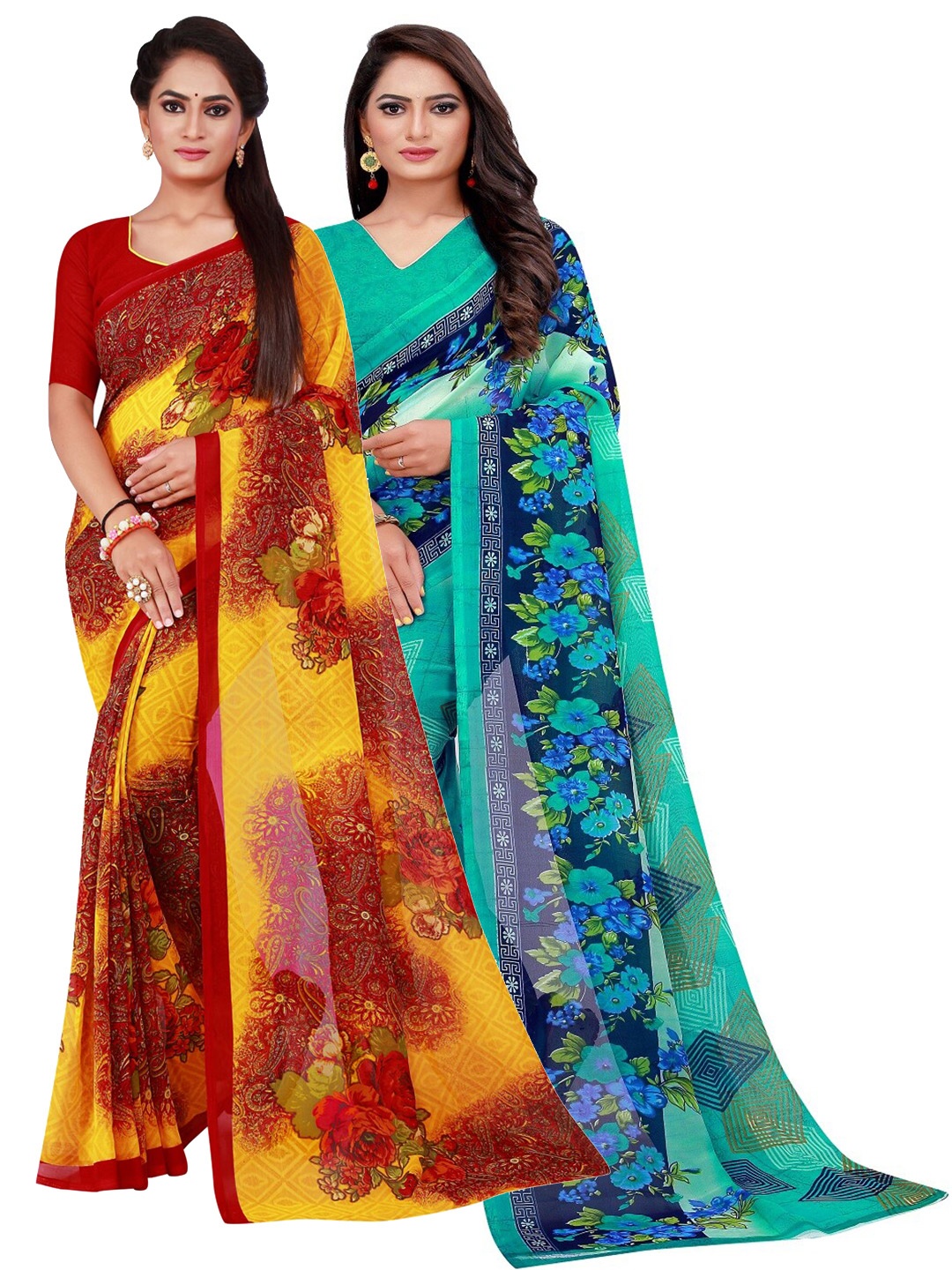 

Silk Bazar Pack of 2 Maroon & Turquoise Blue Floral Pure Georgette Saree