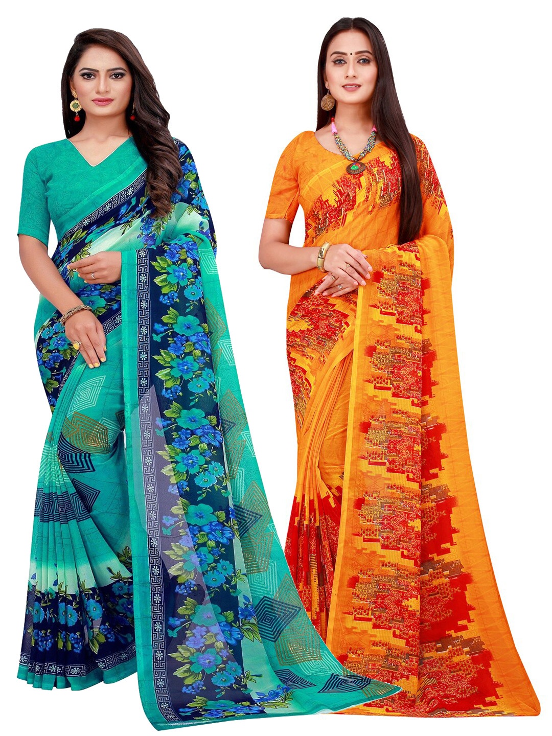 

Silk Bazar Orange & Turquoise Pack Of 2 Blue Pure Georgette Saree