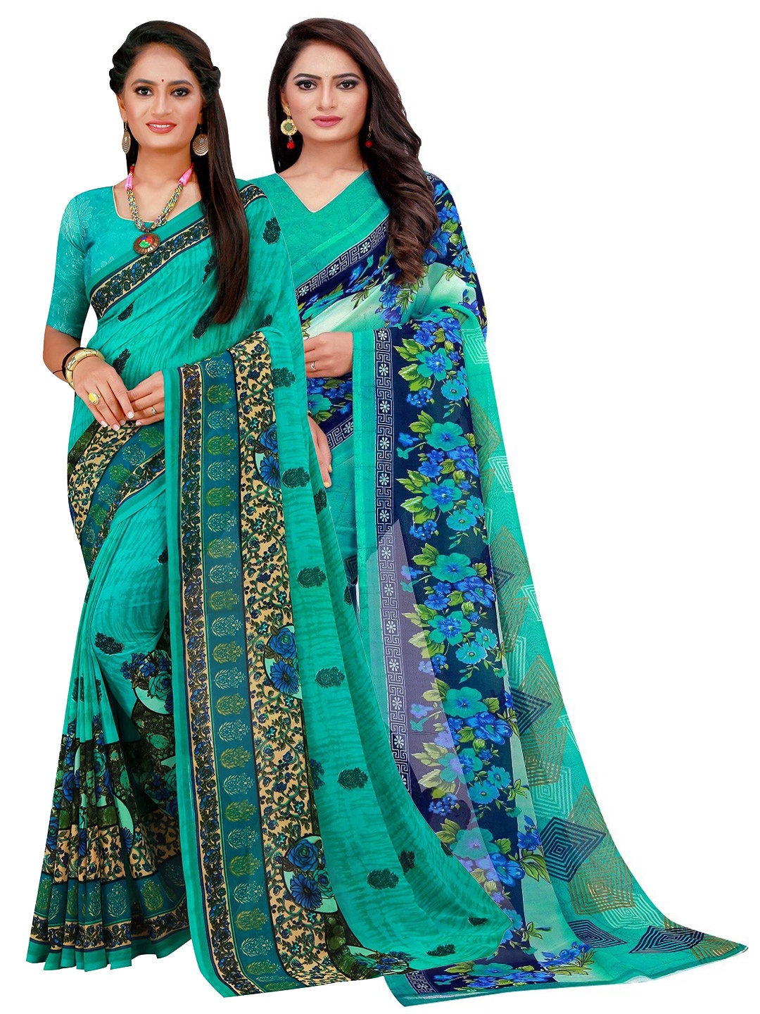 

Silk Bazar Turquoise Blue & Grey Pack Of 2 Pure Georgette Saree