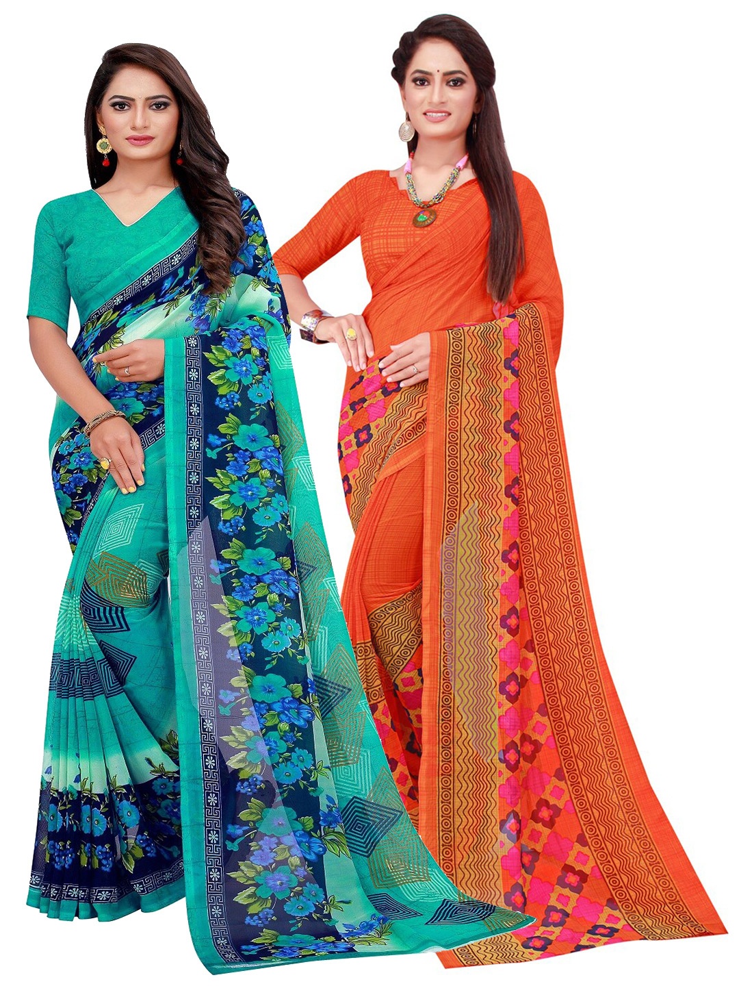 

Silk Bazar Orange & Turquoise Pack of 2 Blue Pure Georgette Saree