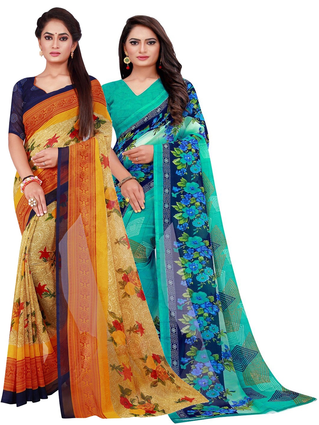 

Silk Bazar Pack Of 2 Turquoise Blue & Beige Pure Georgette Saree