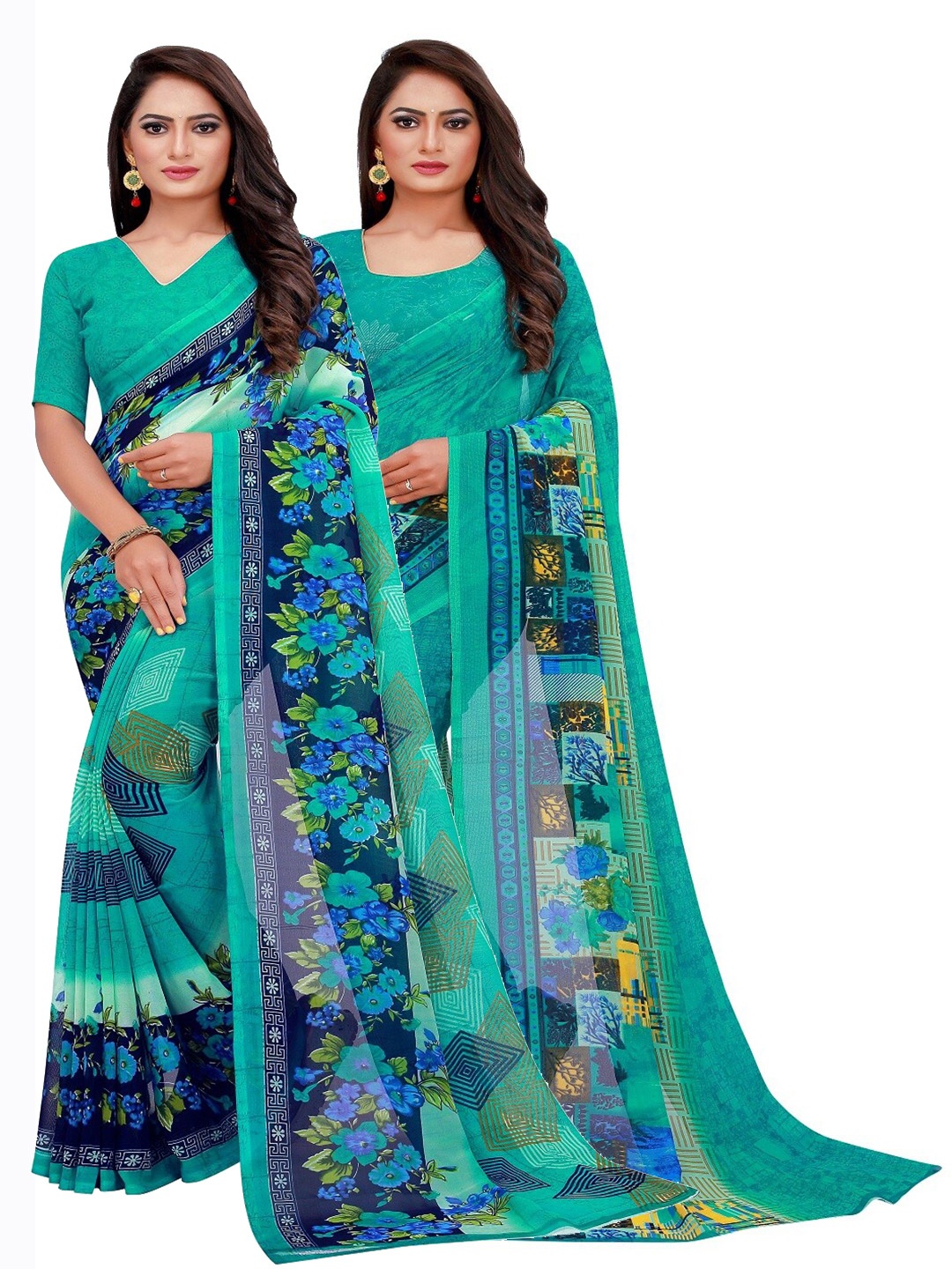 

Silk Bazar Pack Of 2 Turquoise Blue & Navy Blue Floral Pure Georgette Saree
